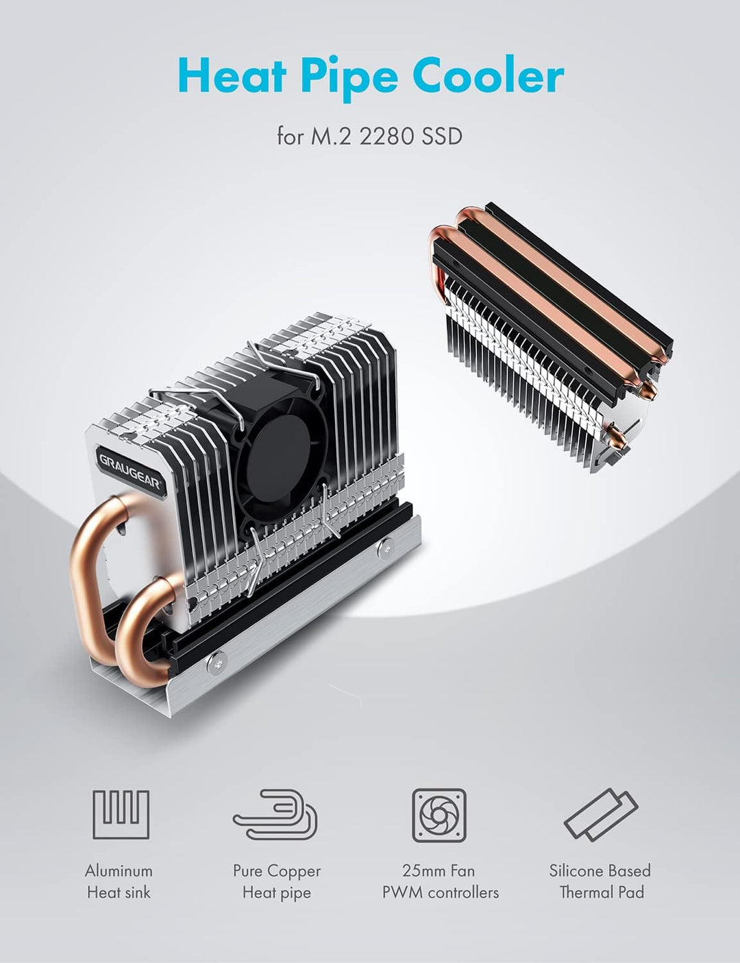 GRAUGEAR | M.2 NVMe SSD (2280) Kühler | Heatpipe Kühler mit Lüfter für M.2 SSD | aktive | 25mm PWM-L