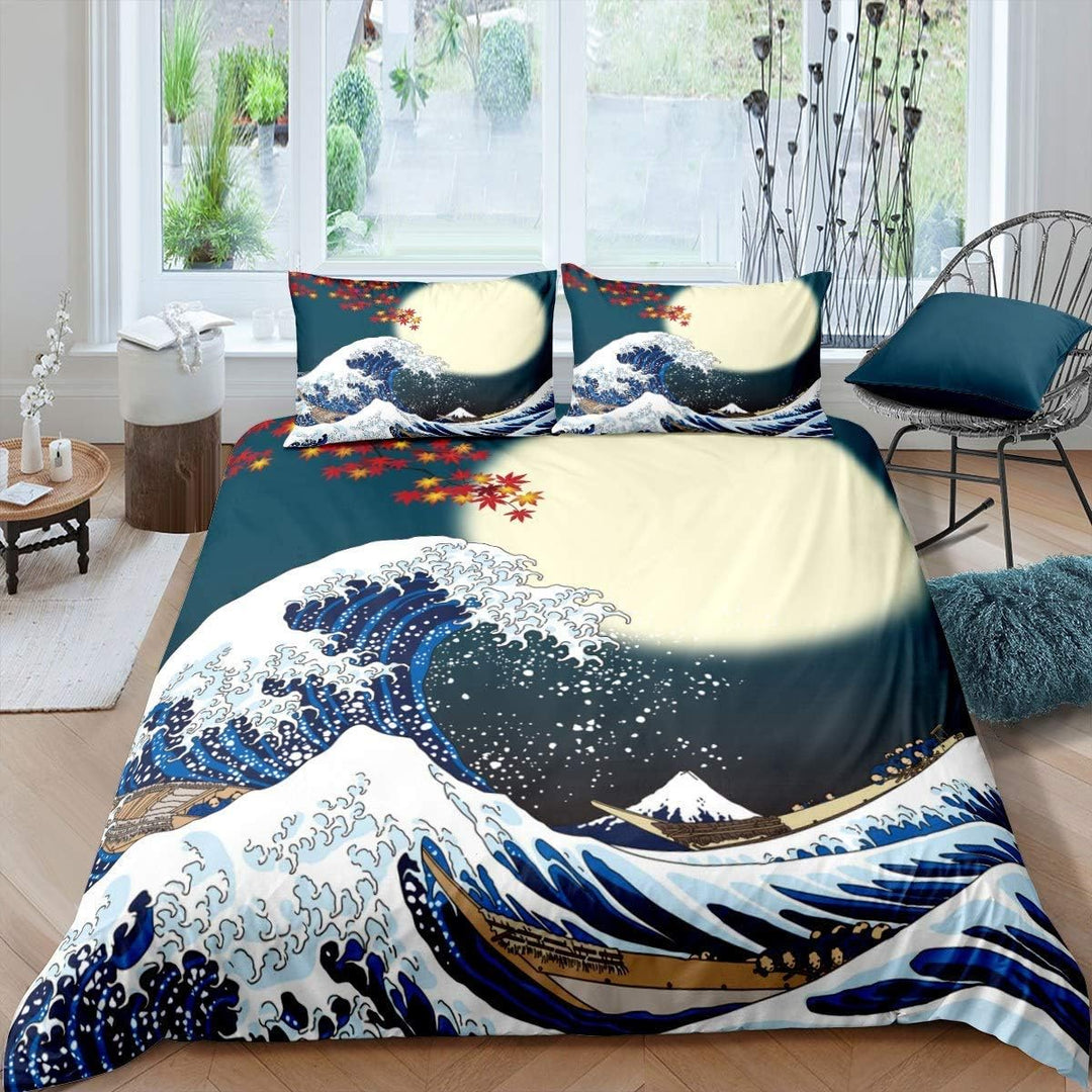 Loussiesd Japanisches Hokusai Muster Bett Set Exotisches Bettbezug Set im japanischen Stil Blue Wave