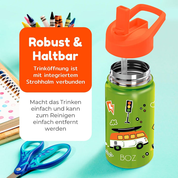 BOZ Isolierte Kinder-Trinkflasche, 414 ml (Autos) | BPA-Frei, Kratzfest mit Tragegriff, Spülmaschine