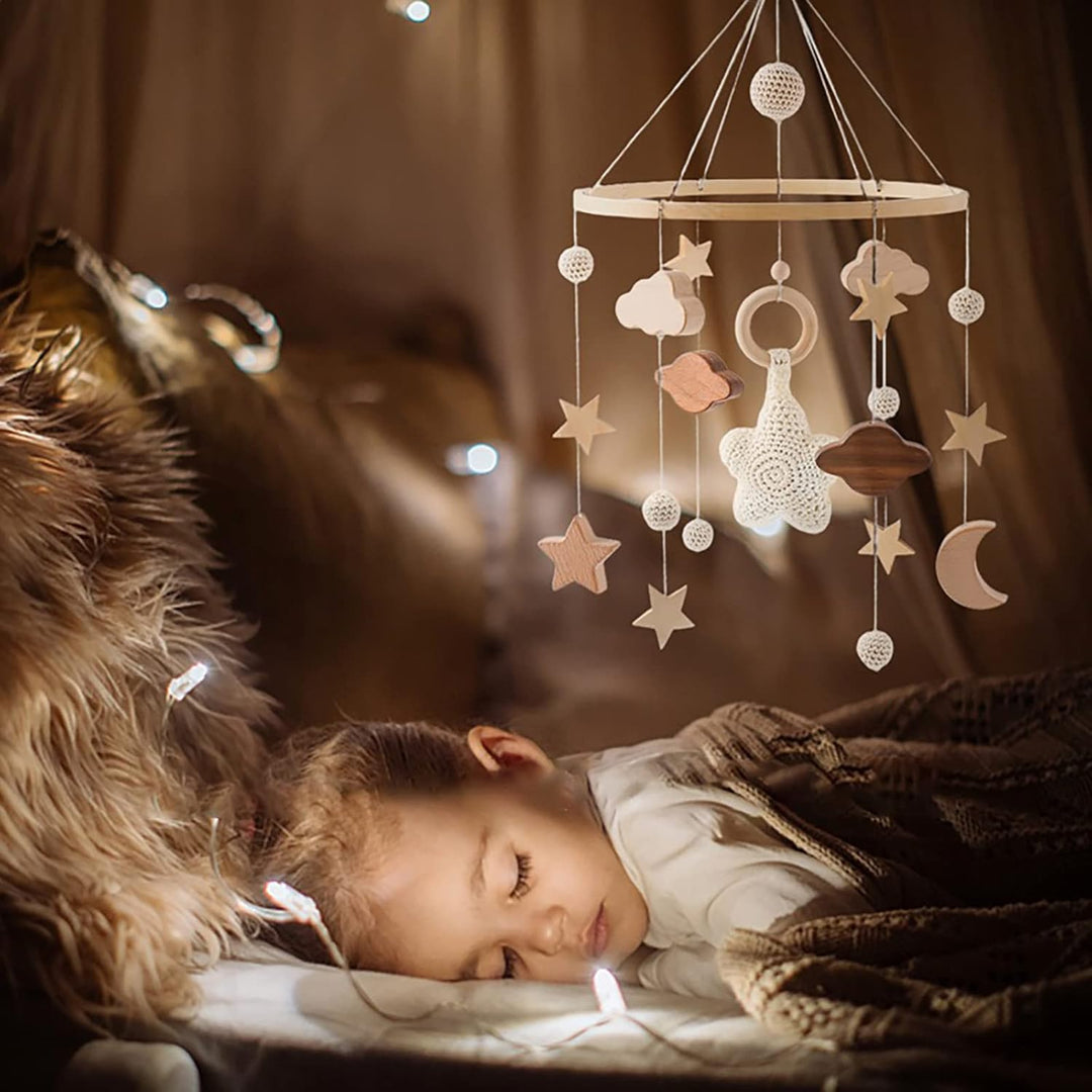 GLITZFAS Babybett Mobile Baby Windspiel, Mobile Baby Holz mit Filzbällen und Wolken Ornament Kinderz