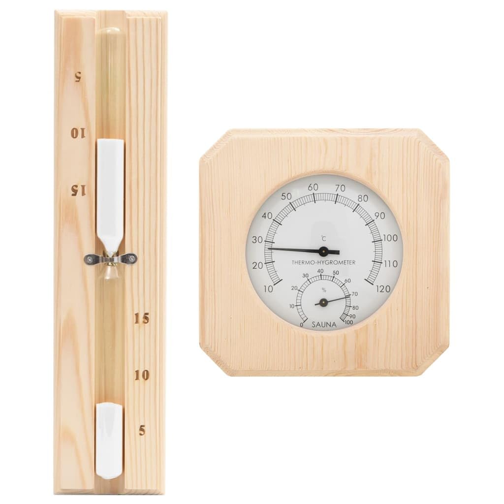 2-in-1 Sauna Hygrothermograph und Sanduhr Set aus massivem Kiefernholz mit hitzebeständigem Glas, Me
