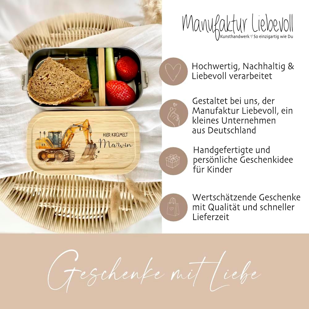 Manufaktur Liebevoll - Personalisierte Brotdose mit Fächern, Edelstahl Lunchbox mit Bambus Deckel u.