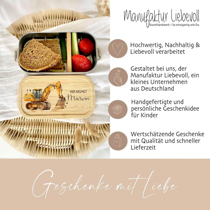 Manufaktur Liebevoll - Personalisierte Brotdose mit Fächern, Edelstahl Lunchbox mit Bambus Deckel u.