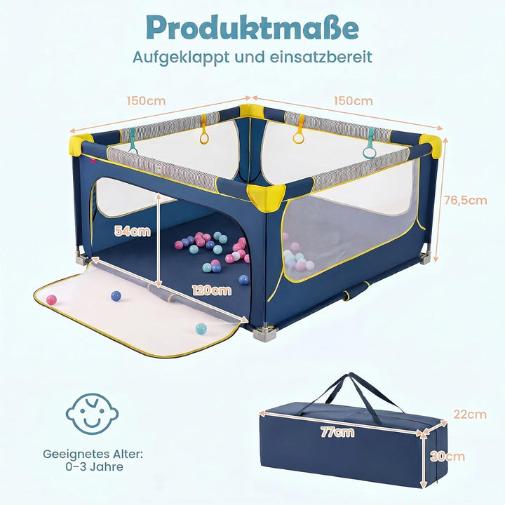 DREAMADE Laufstall Baby Faltbar, 150 x 150 x 76,5 cm Laufgitter mit 50 Ozeanbällen, 4 Haltegriffen &amp;