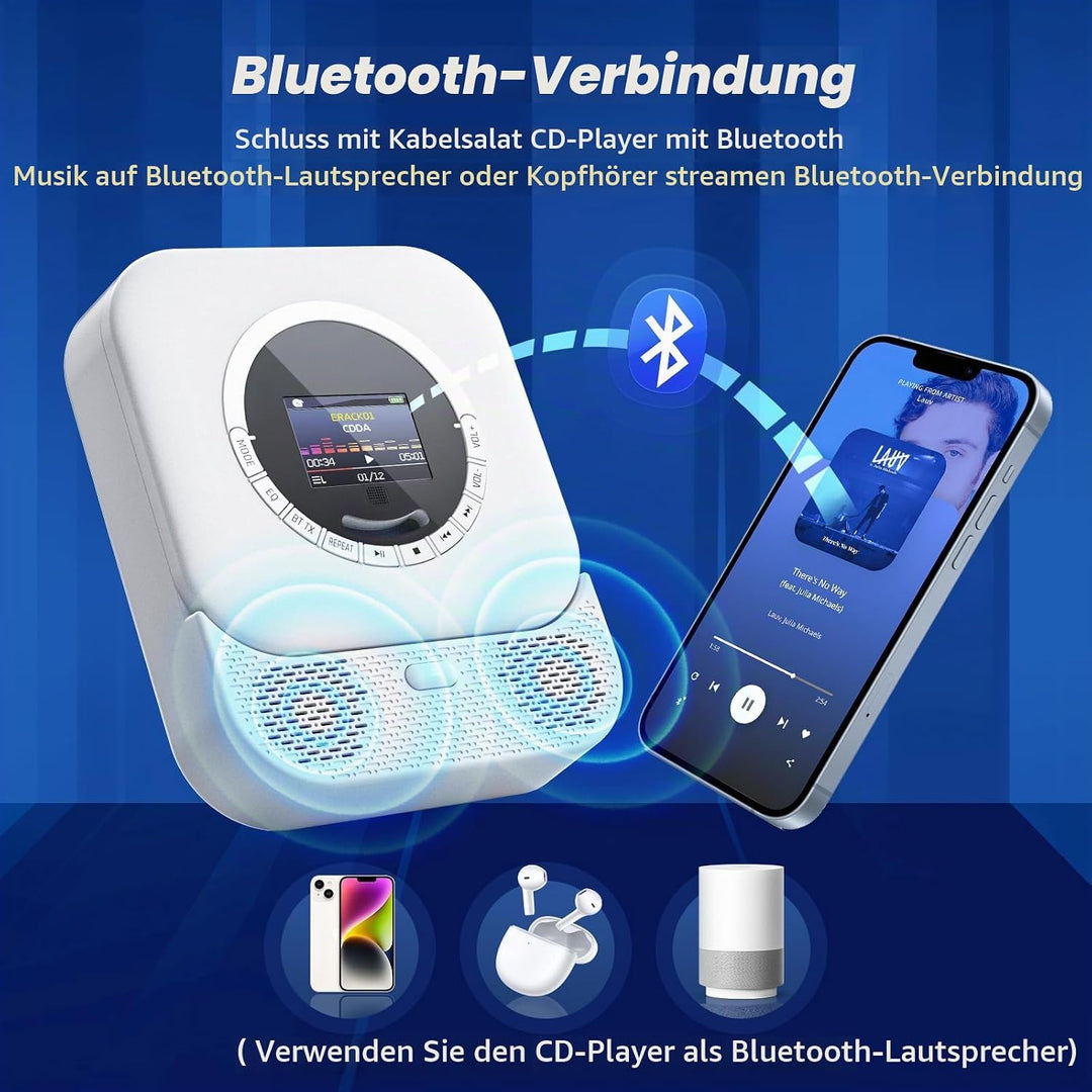 Arafuna Tragbarer CD-Player mit Bluetooth-Empfänger und Sender, tragbarer CD-Player mit HiFi-Lautspr