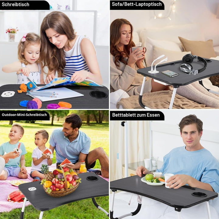 Warmiehomy Laptoptisch fürs Bett, Tragbarer Tablettisch mit klappbaren Beinen & Getränkehalter, Falt