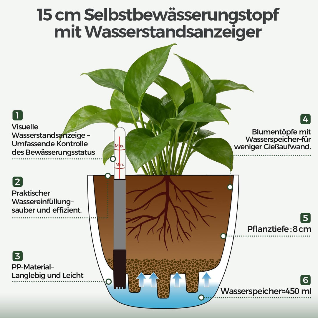 T4U 2Pcs 15cm Selbstbewässerungstopf mit Wasseranzeiger, Praktischer Blumentopf für vielbeschäftigte