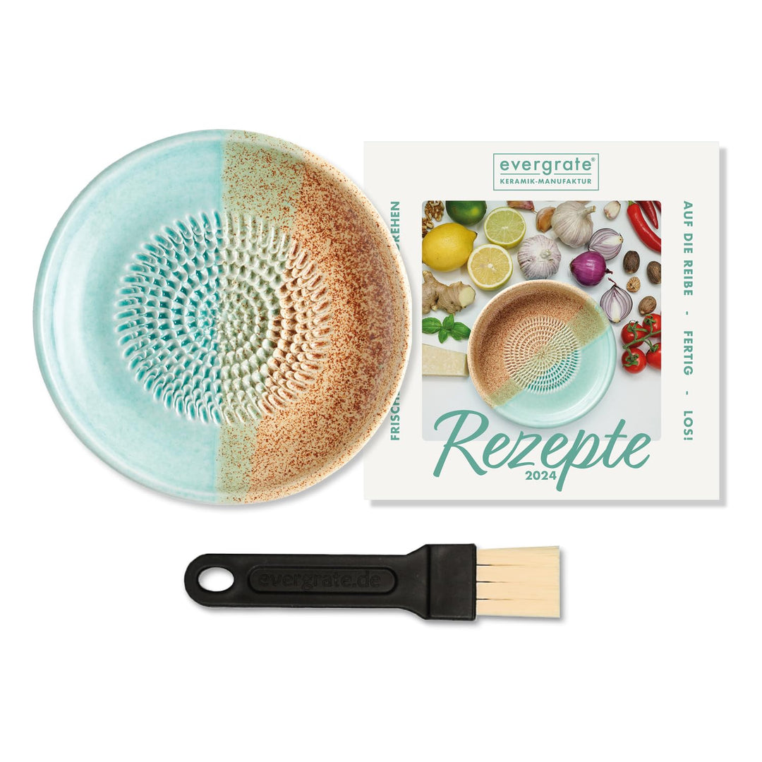 evergrate Keramikreibe im Motiv Beach mit Küchenpinsel und Rezeptheft, Beach