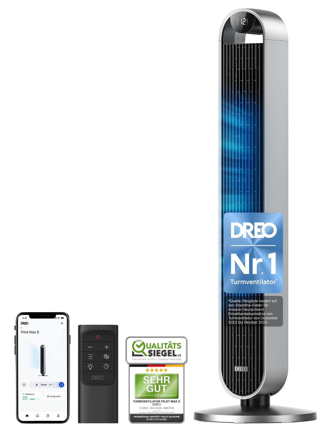 Dreo Pilot Max Smart Turmventilator mit Sprachsteuerung, WiFi Alexa fan, APP Steuerung, 120° Oszilli