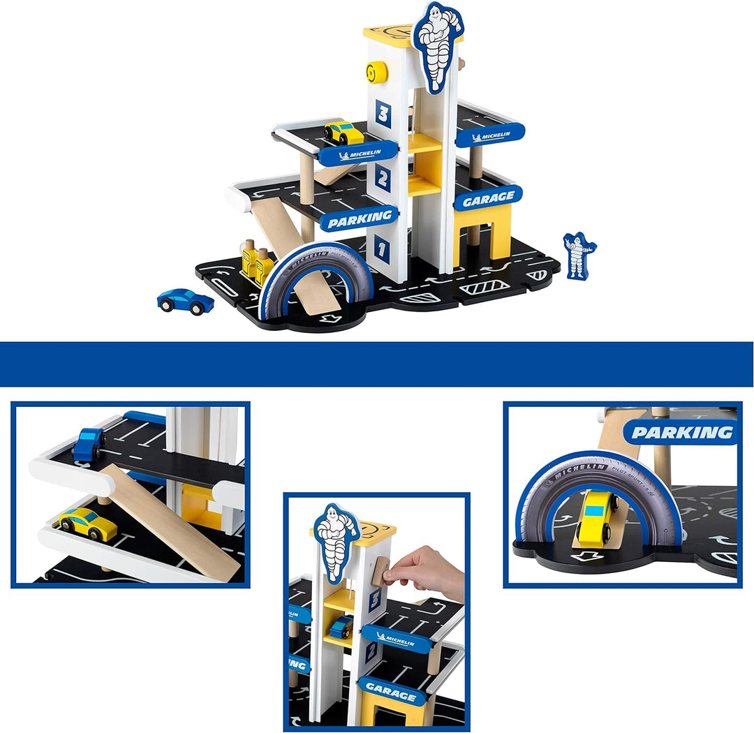 Klein Theo 3404 Michelin Parkhaus mit 3 Ebenen, Holz | Parkgarage inkl. 2 Autos u.v.m. | Kompatibel