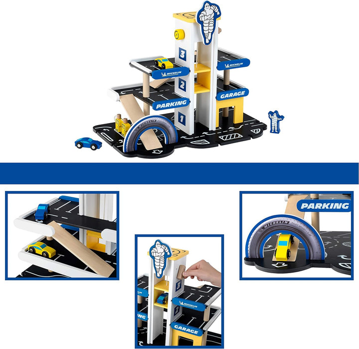 Klein Theo 3404 Michelin Parkhaus mit 3 Ebenen, Holz | Parkgarage inkl. 2 Autos u.v.m. | Kompatibel