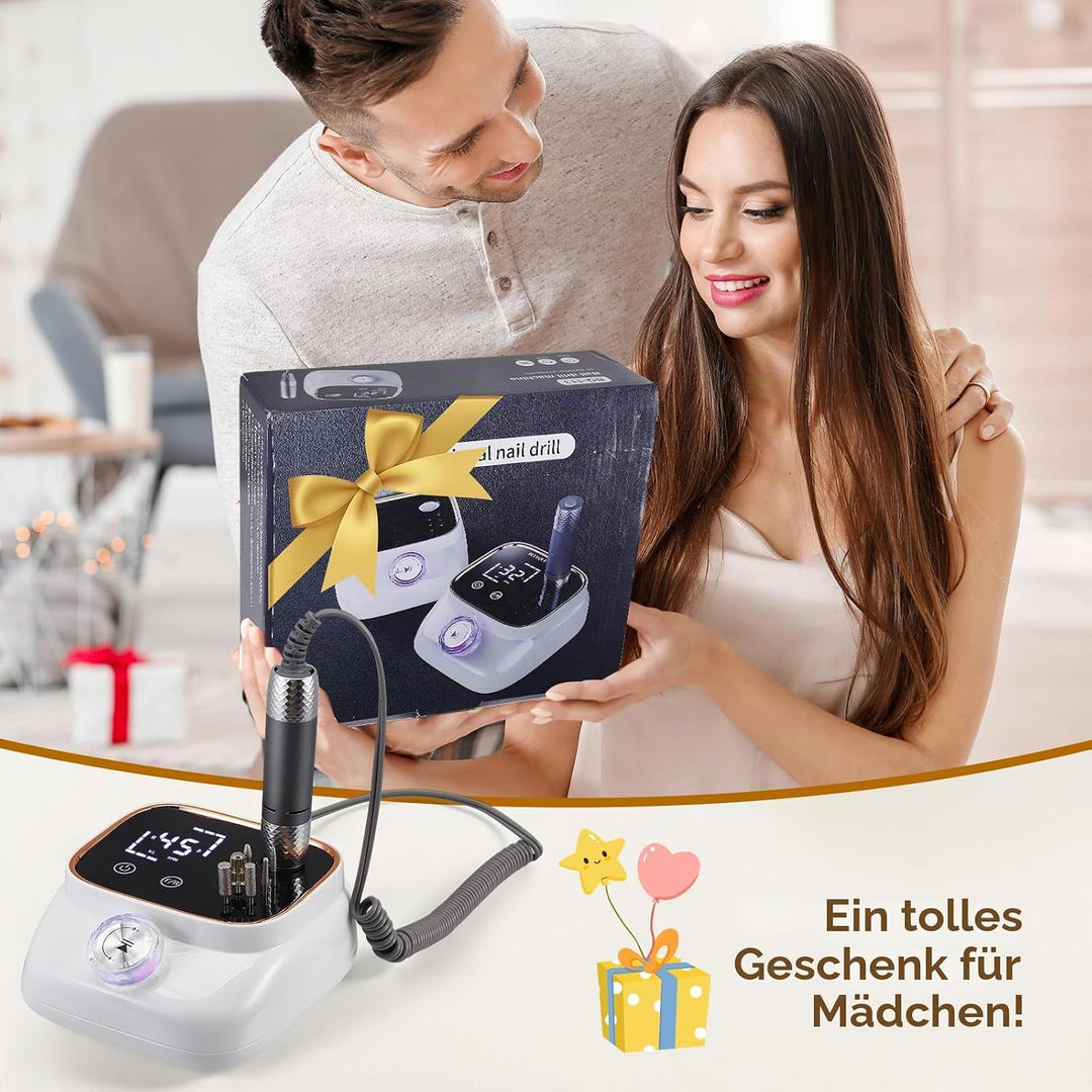 Elektrische Nagelfräse mit 45.000 U/min – LCD Display, 56 Schleifbänder, 11 Bohrer, USB-Ladestation,