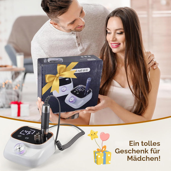 Elektrische Nagelfräse mit 45.000 U/min – LCD Display, 56 Schleifbänder, 11 Bohrer, USB-Ladestation,
