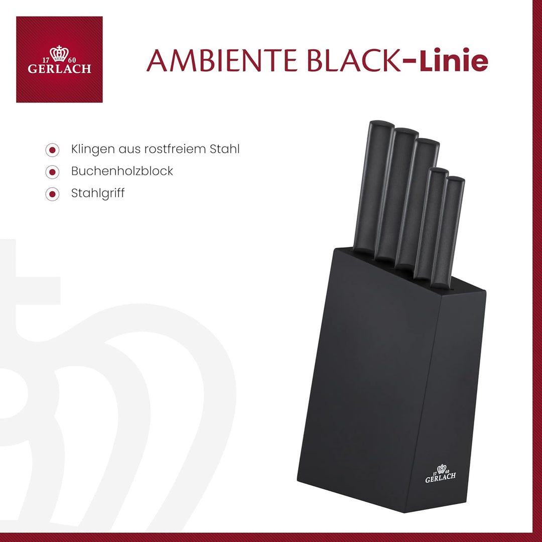 Gerlach Ambiente Black Messerblock Messerset Küchenmesserset 5 Messer aus Edelstahl Buchenholz Küche