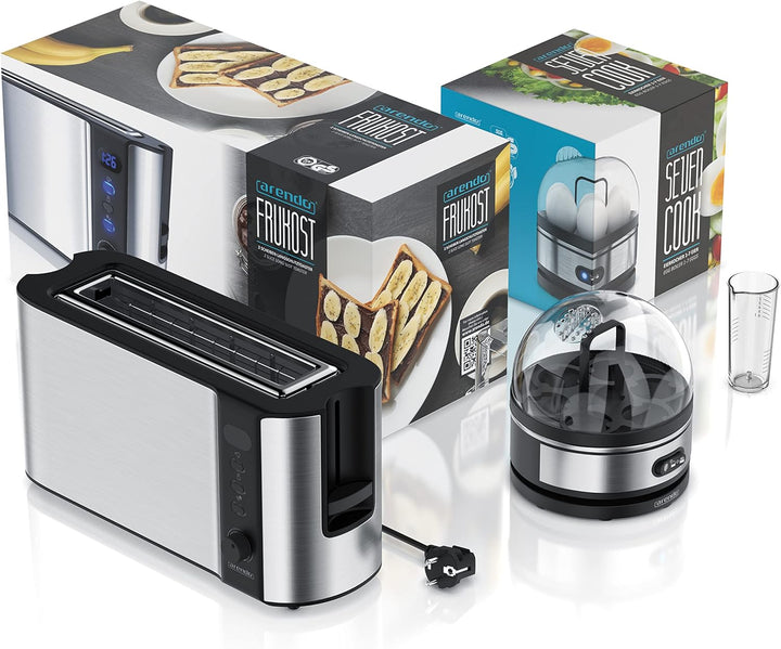 Arendo - SET Toaster FRUKOST mit Eierkocher SEVENCOOK Edelstahl Silber, Toaster 2 Scheiben LED-Displ