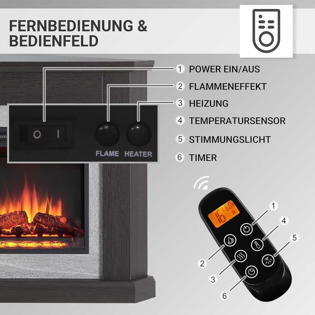 CrownFlame Pegasos Elektrokamin - Elektrischer Eckkamin mit Heizung 1000/2000 W, realistischer 3D-Fl