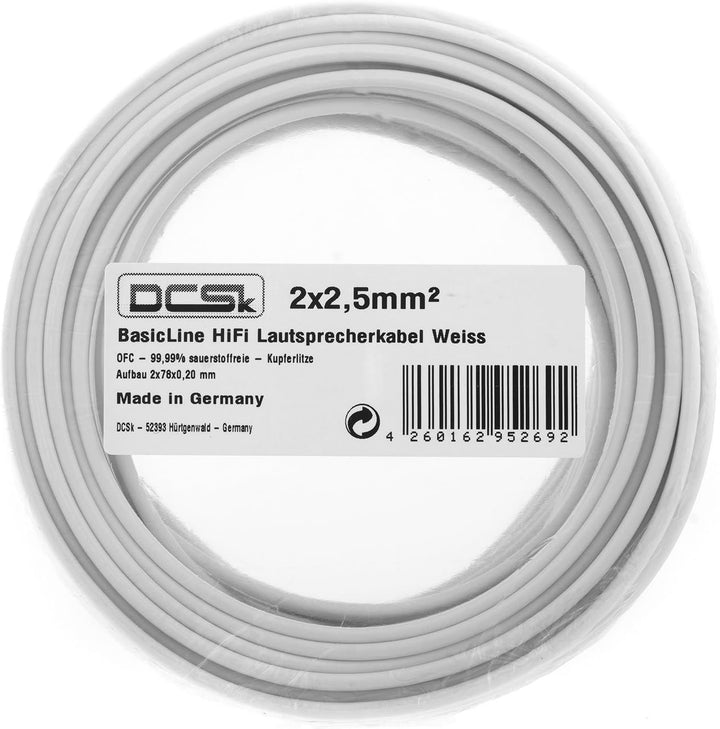 DCSk 10m - 2x2,5mm² Lautsprecherkabel weiss - OFC Kupferkabel für HiFi Audio - 99,99% Voll-Kupfer Bo