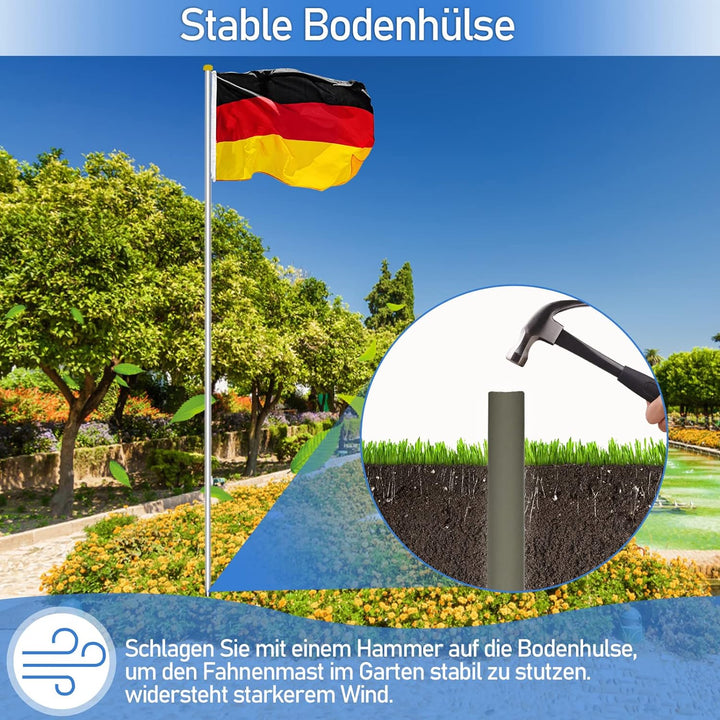 Jiubiaz Fahnenmast Aluminium Teleskop 6,50m, Fahnenstange Bodenhülse 50cm, inkl Deutschlandfahne, Hö