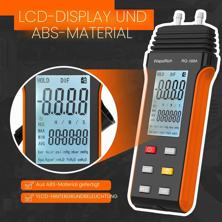 Manometer Gasdruckmessgerät, Differenzdruckmessgerät Digital Dual Port Luftdruckmessgerät für HVAC m