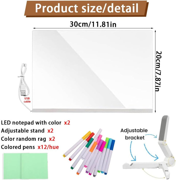 2 Stück LED Notiztafel mit Farben, Leuchtendes Led Zeichenbrett für Kinder, Led Zeichentafel Kinder