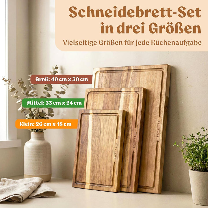 Schneidebrett Holz 3er Set (40x30cm / 33x24cm / 26x18cm) Holzschneidebrett aus Massiver Akazie - 2cm