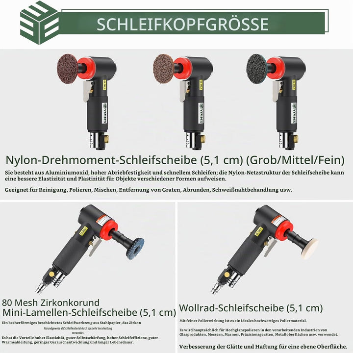 EYPINS Druckluft Winkelschleifer Set 90° Druckluftschleifer+1/4"&amp;1/8" Spannzange, Mini Stabschleifer