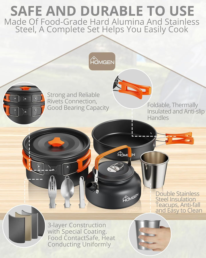 HOMGEN Portable Camping Cooking Set Camping Pots and Pans Set Aluminium Camping Cookware Kit Lightwe