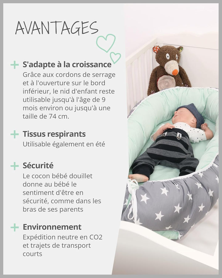 ULLENBOOM ® Babynest & Kuschelnest (55x95 cm) Blau Hellblau (Made in EU) - Baby Nestchen aus Baumwol
