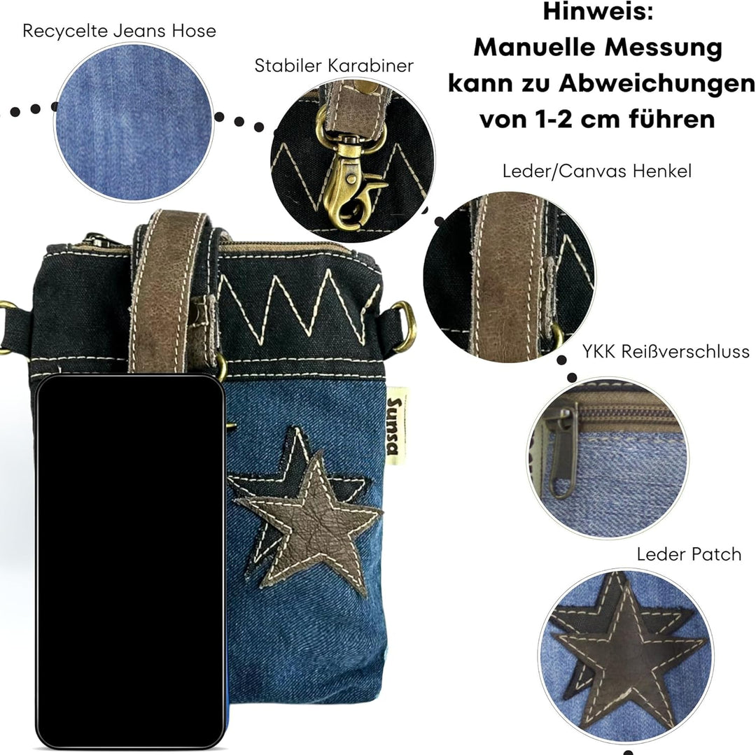 Sunsa Damen kleine Umhängetasche. Nachhaltige Tasche aus recycelte Jeans &amp; Leder. Crossover bag in V
