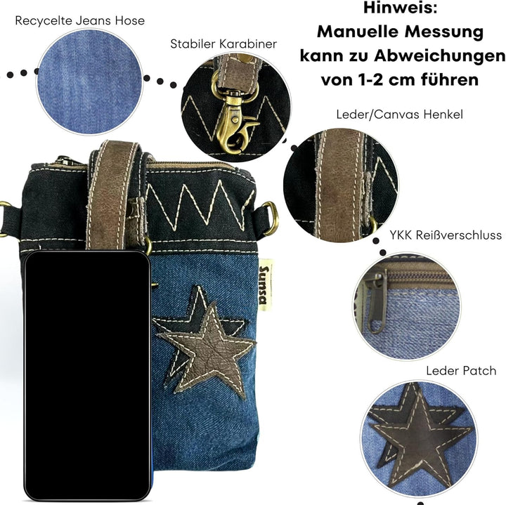 Sunsa Damen kleine Umhängetasche. Nachhaltige Tasche aus recycelte Jeans &amp; Leder. Crossover bag in V