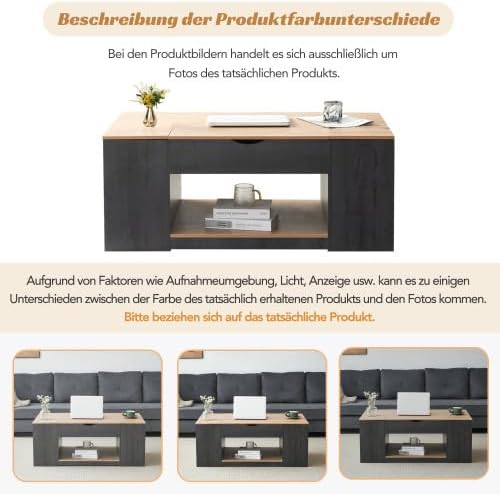 Merax Höhenverstellbarer Couchtisch mit Holzmaserung, Grauer Korpus & Geheime Stauräume, 109cm Kaffe