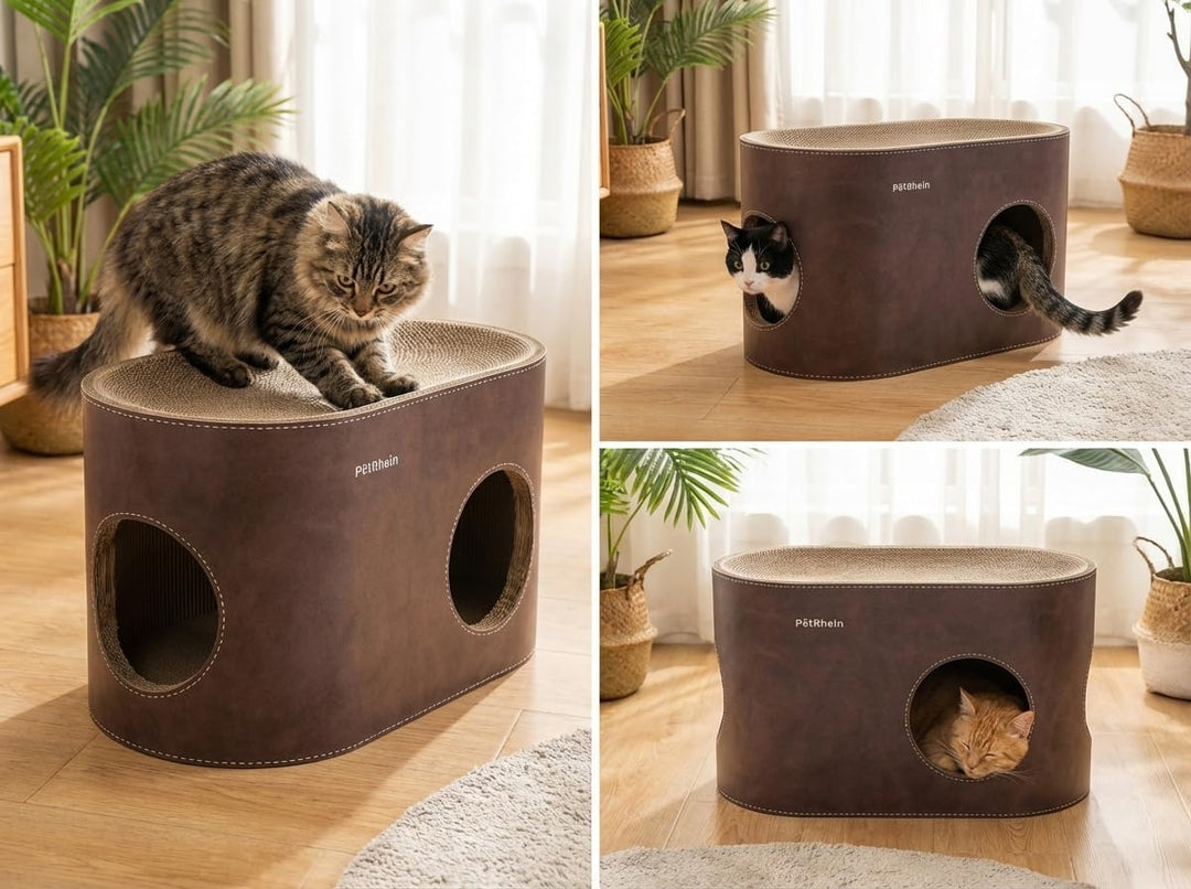 Kratzbrett für Katzen aus Kratzpappe,3-in-1 grosses Katzenhöhle mit Kratzmatte & Katzenbett – 64 x 3