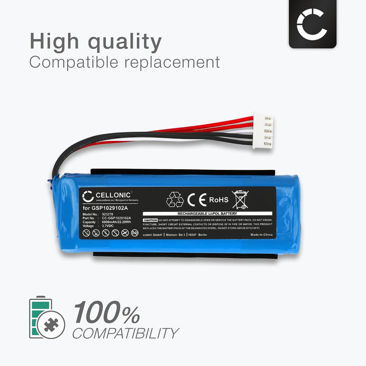 CELLONIC, Lautsprecherakku kompatibel mit JBL Charge 3 (2016) (6000mAh, 3.7V) Ersatzakku GSP1029102A