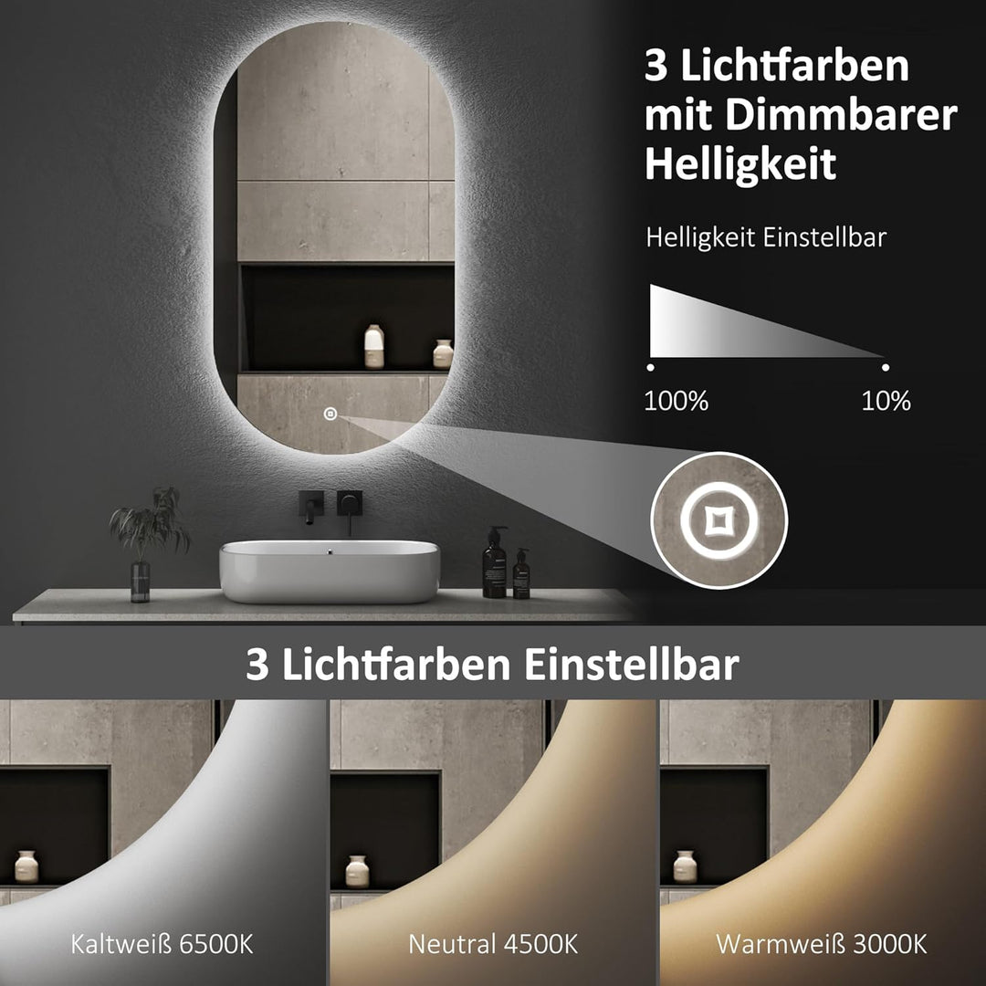 Boromal Badspiegel mit Beleuchtung Oval Led Spiegel mit Touch-Schalter, Dimmbar, 3 Lichtfarbe Einste
