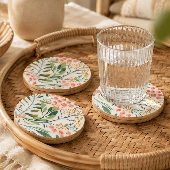 Decorasian Emaillierte Glasuntersetzer aus Mangoholz – 6er Set mit Halter Box (Ø 9,5cm) – Handgefert