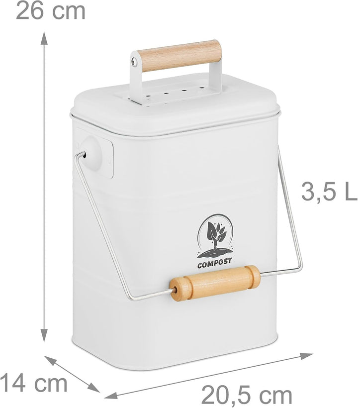 Relaxdays Komposteimer Küche, 3,5 Liter, 2 Aktivkohlefilter, mit Deckel, Henkel, Eisen & Holz, Biomü