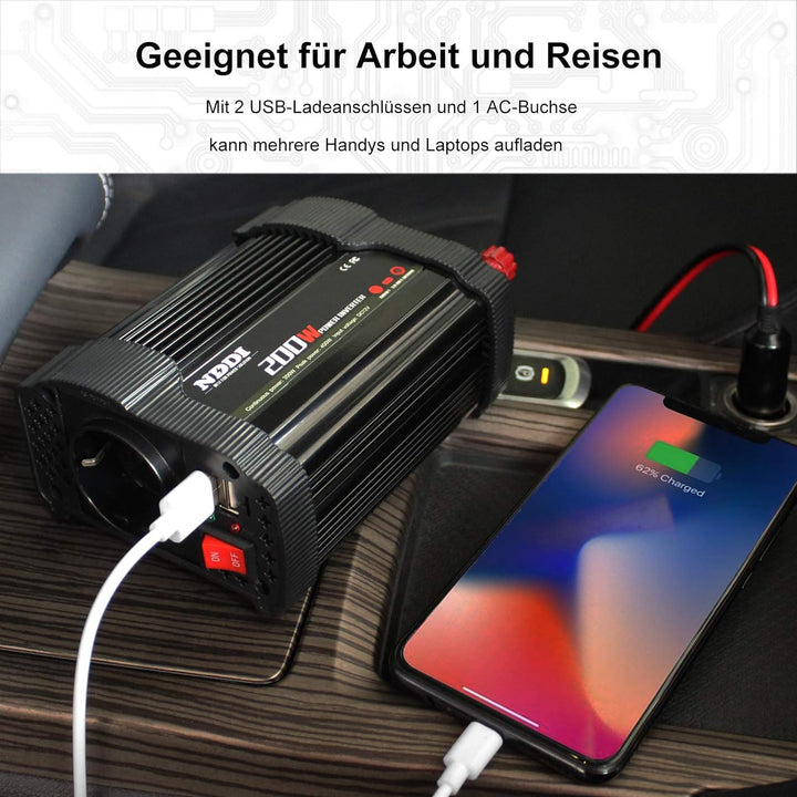 NDDI 200W Car Wechselrichter, 12V DC auf 230V AC Spannungswandler mit Dual USB Autoladegerät und 1 A