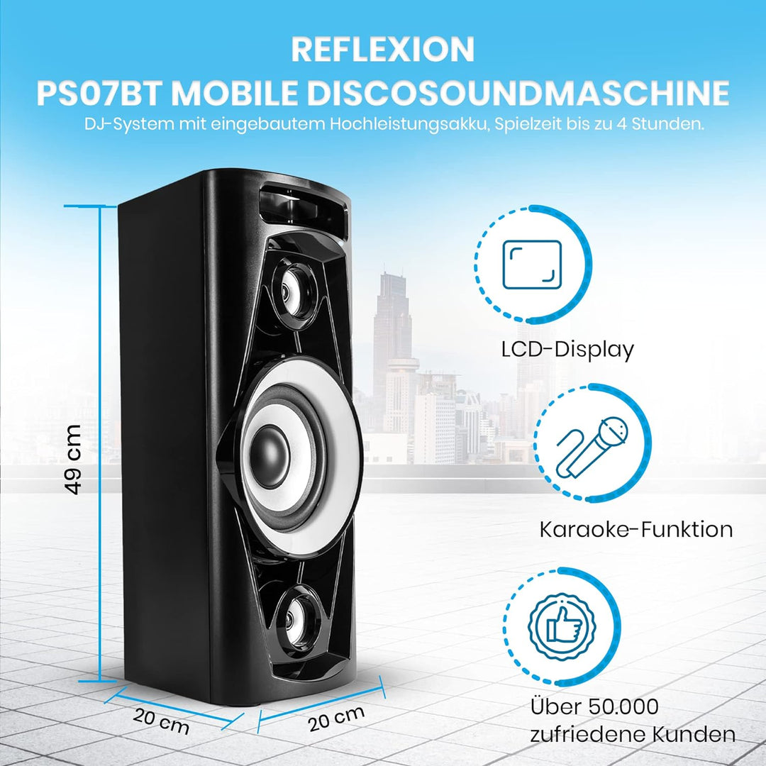 Reflexion PS07BT Mobile Discosoundmaschine (Bluetooth, True Wireless Stereo, Radio, USB, AUX-IN, Kar