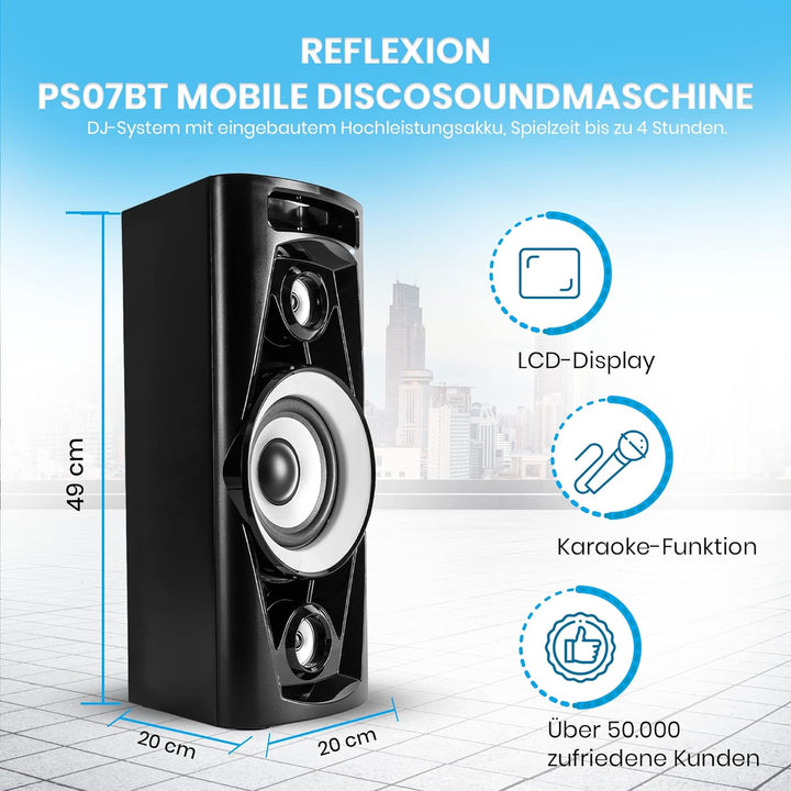 Reflexion PS07BT Mobile Discosoundmaschine (Bluetooth, True Wireless Stereo, Radio, USB, AUX-IN, Kar