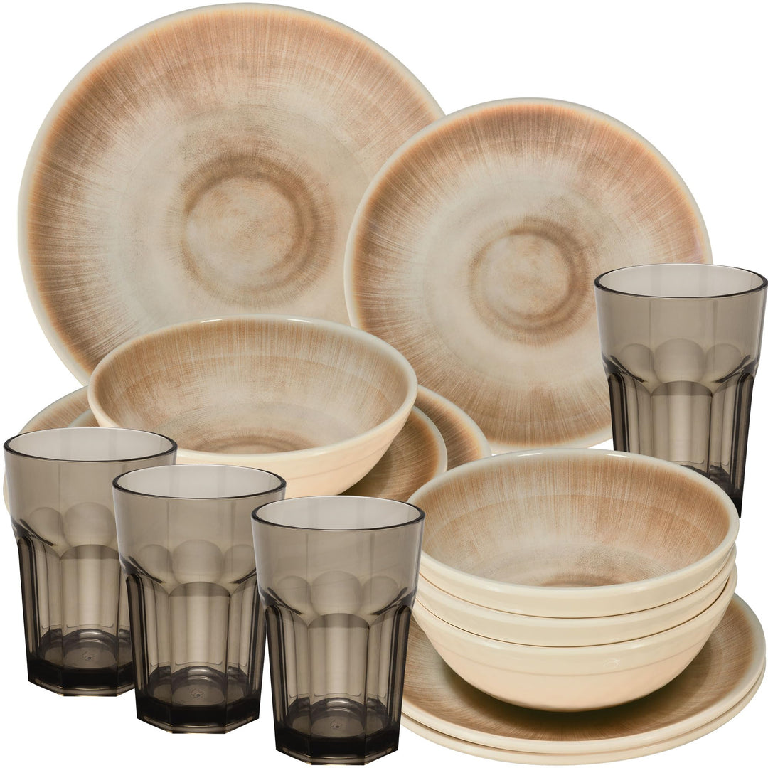 Melamin Geschirr Set Jesolo Sand für 4 Personen Wohnwagen Camping Picknick 16 Teile - Trinkglas 400m