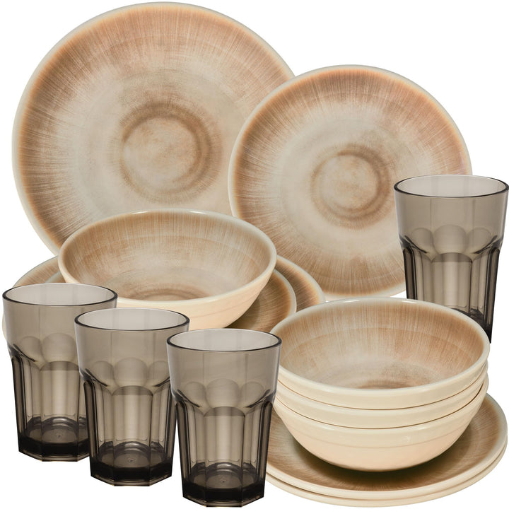Melamin Geschirr Set Jesolo Sand für 4 Personen Wohnwagen Camping Picknick 16 Teile - Trinkglas 400m