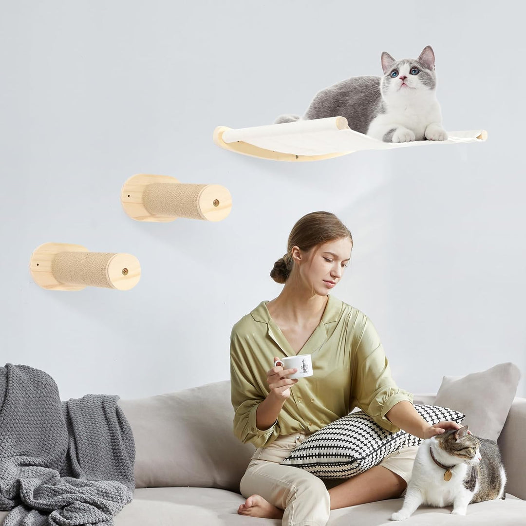 Kletterwand Katzen 3er-Set 2 Katzentreppen und Katzenhängematte Wand Katzenmöbel mit Schlafplatz für