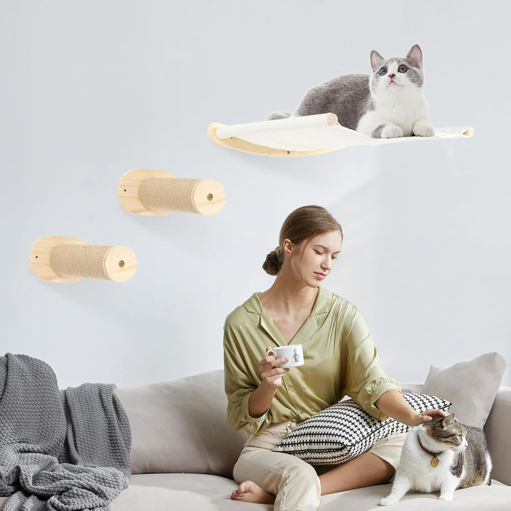 Kletterwand Katzen 3er-Set 2 Katzentreppen und Katzenhängematte Wand Katzenmöbel mit Schlafplatz für