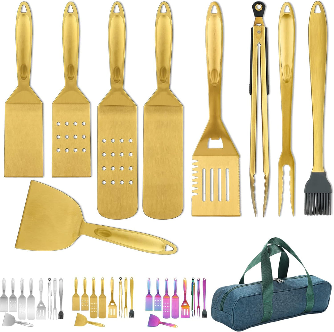 Kyraton Gold Grill Zubehör Kit 9 teilig, Grill Zubehör Set, Titan Gold Beschichtung Edelstahl mit Ba
