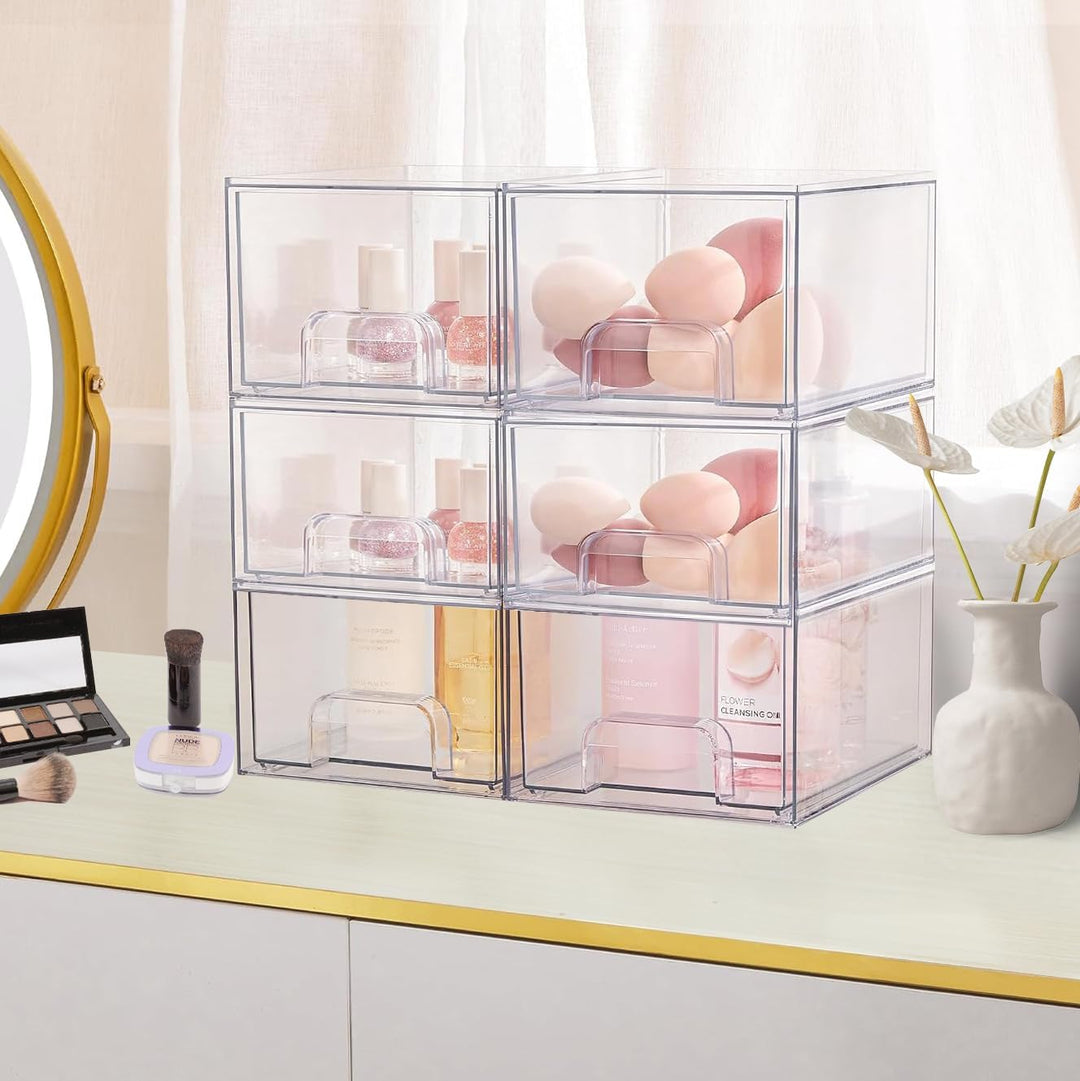 4 Stück Badschrank Organizer Box, Stackable Acryl Aufbewahrungsbox Schublade mit 32 rutschfeste Matt
