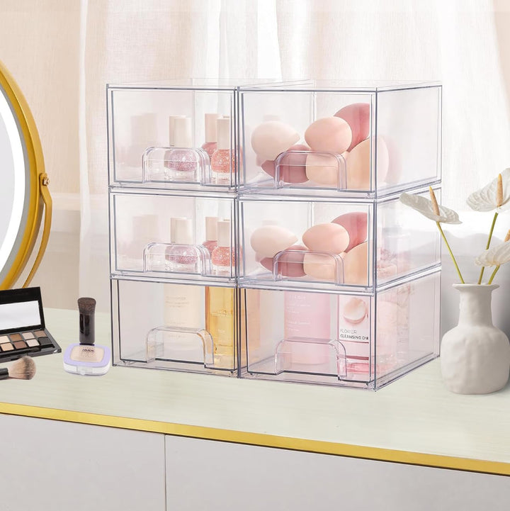 4 Stück Badschrank Organizer Box, Stackable Acryl Aufbewahrungsbox Schublade mit 32 rutschfeste Matt