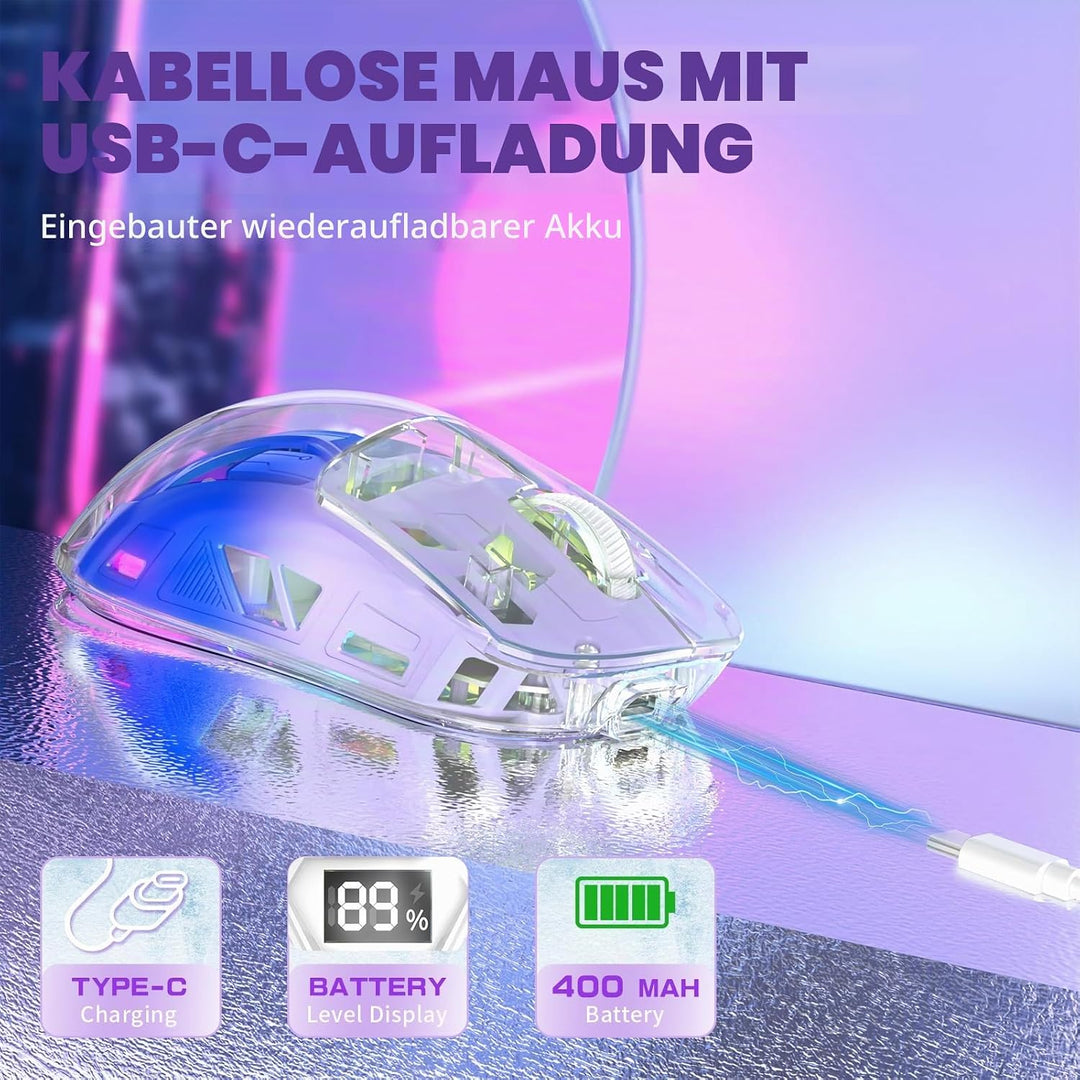 ZIYOU LANG x FREEWOLF Kabellose Gaming Maus, PixArt PAW3212 Dual Mode 2.4G/Bluetooth Transparente RG