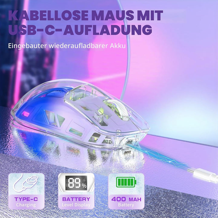 ZIYOU LANG x FREEWOLF Kabellose Gaming Maus, PixArt PAW3212 Dual Mode 2.4G/Bluetooth Transparente RG