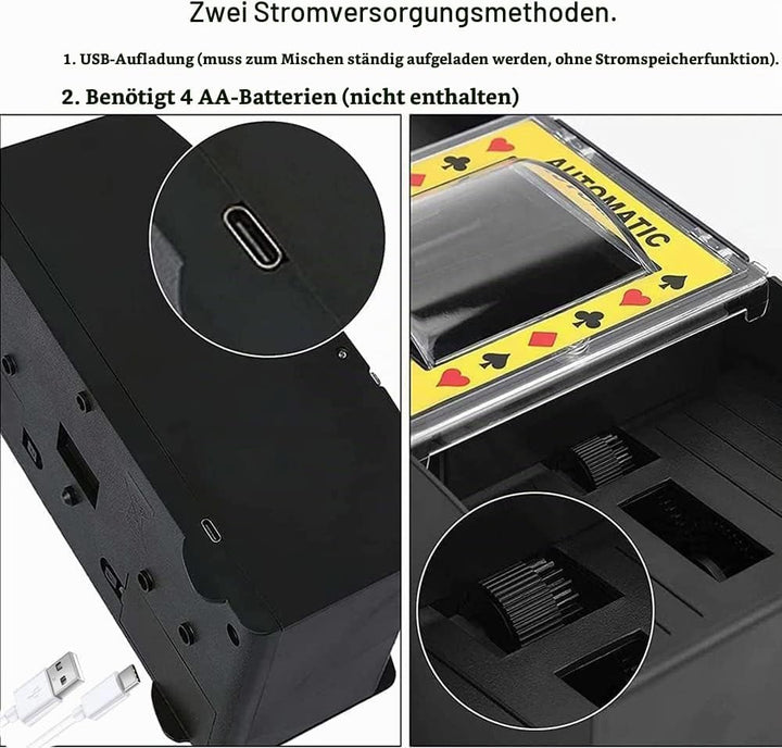 Automatischer Kartenmischer für 2 Decks - USB-C &amp; Batteriebetrieb, Elektrischer Kartenschlucker für