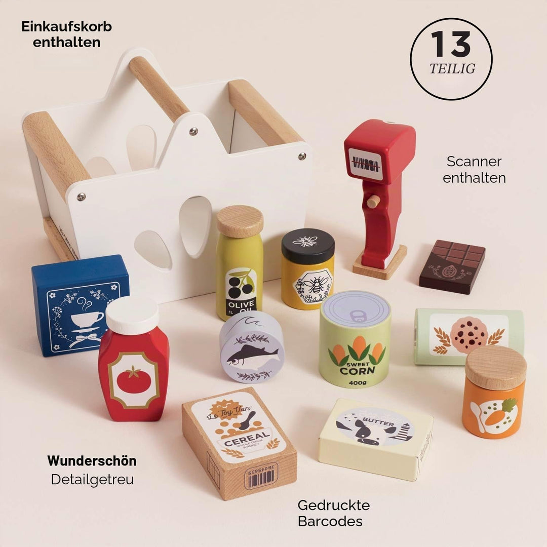 Le Toy Van - TV326 - Einkaufskorb- und Scanner-Lernspiel aus Holz, für Kinder ab 2 Jahren, 13 Zubehö